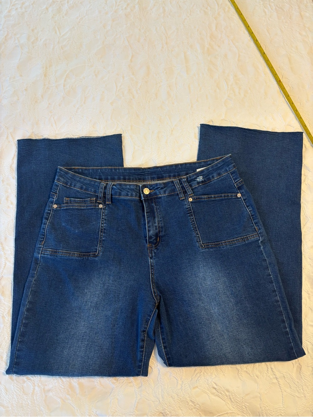 KUNMI High Waisted Wide-Leg Patch Pocket Stretch Blue Jeans - Plus Size